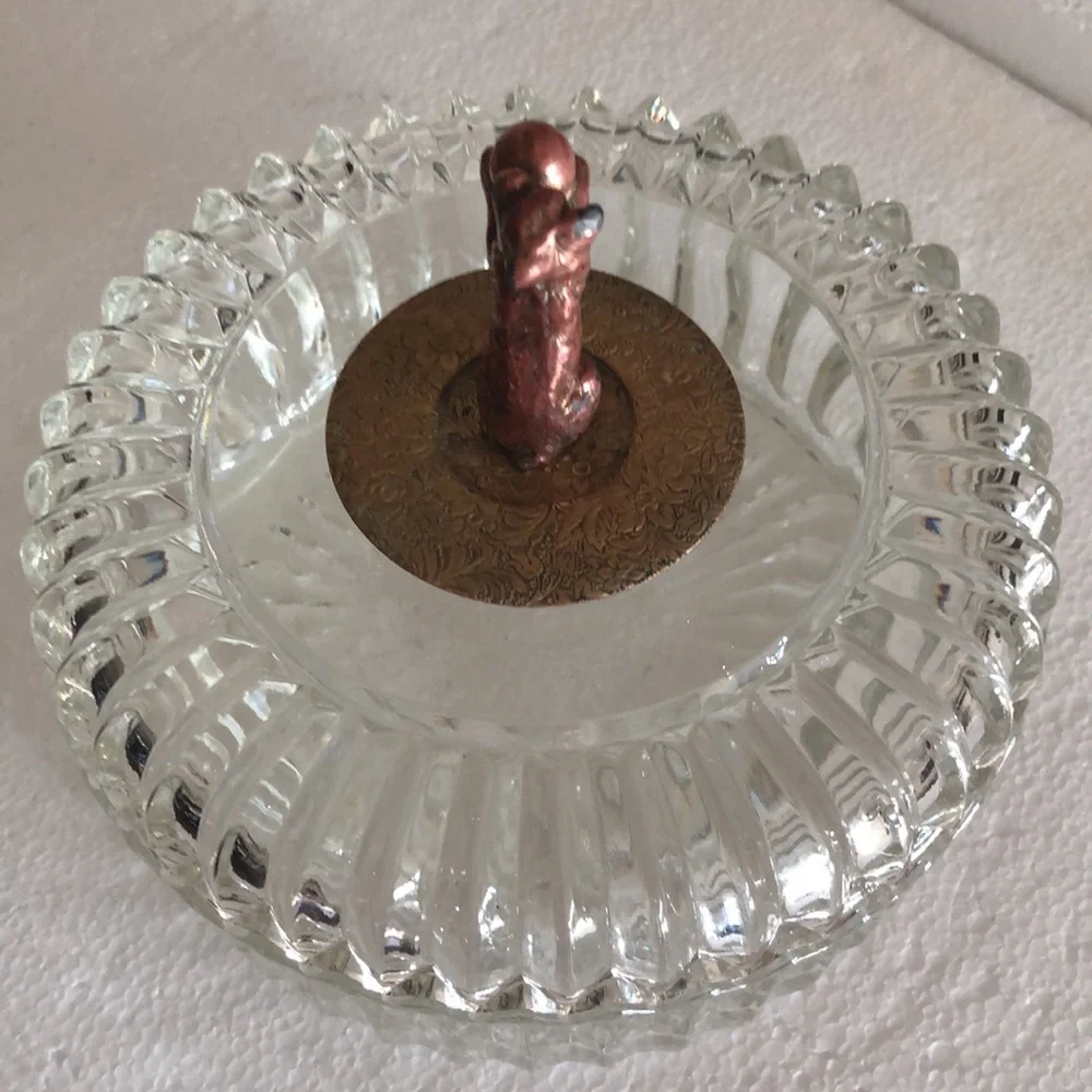 Vintage Glass Crystal Trinket Bowl w/Lid, Brass Dog Handle w/Copper Floral Plate